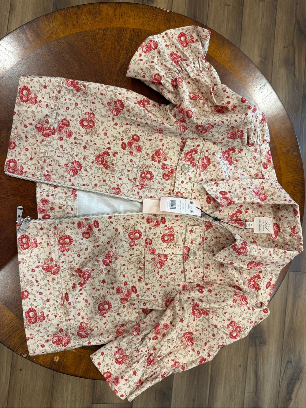 cinq a sept Kids Floral Zip Front Pajama Top in Cream and Red